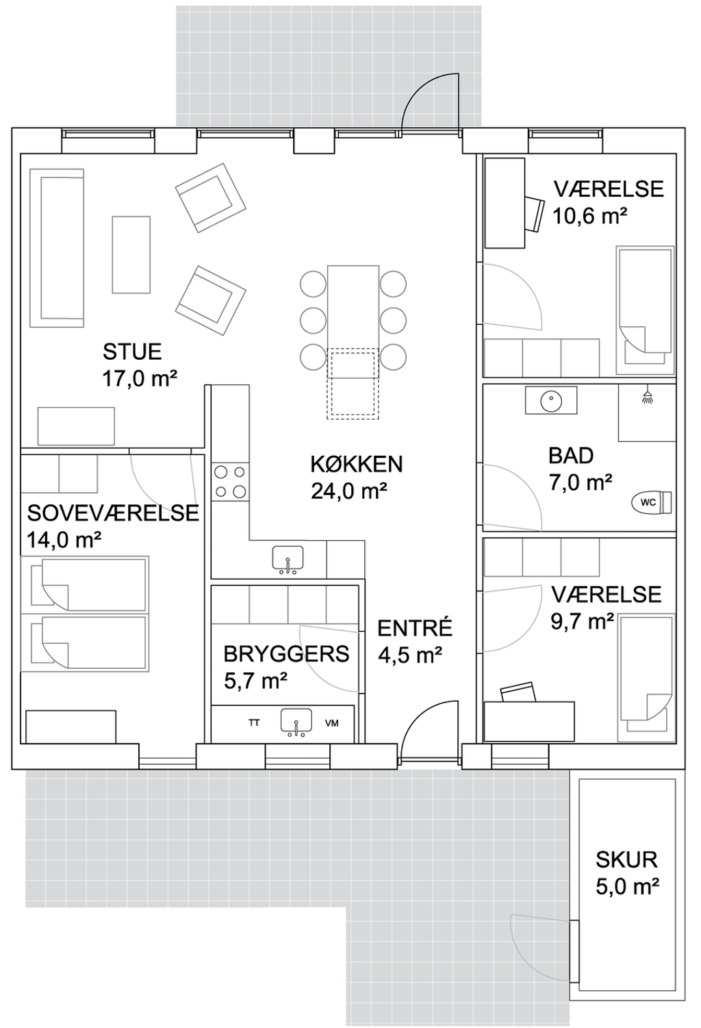 Plantegning for type A-bolig på 105 m²