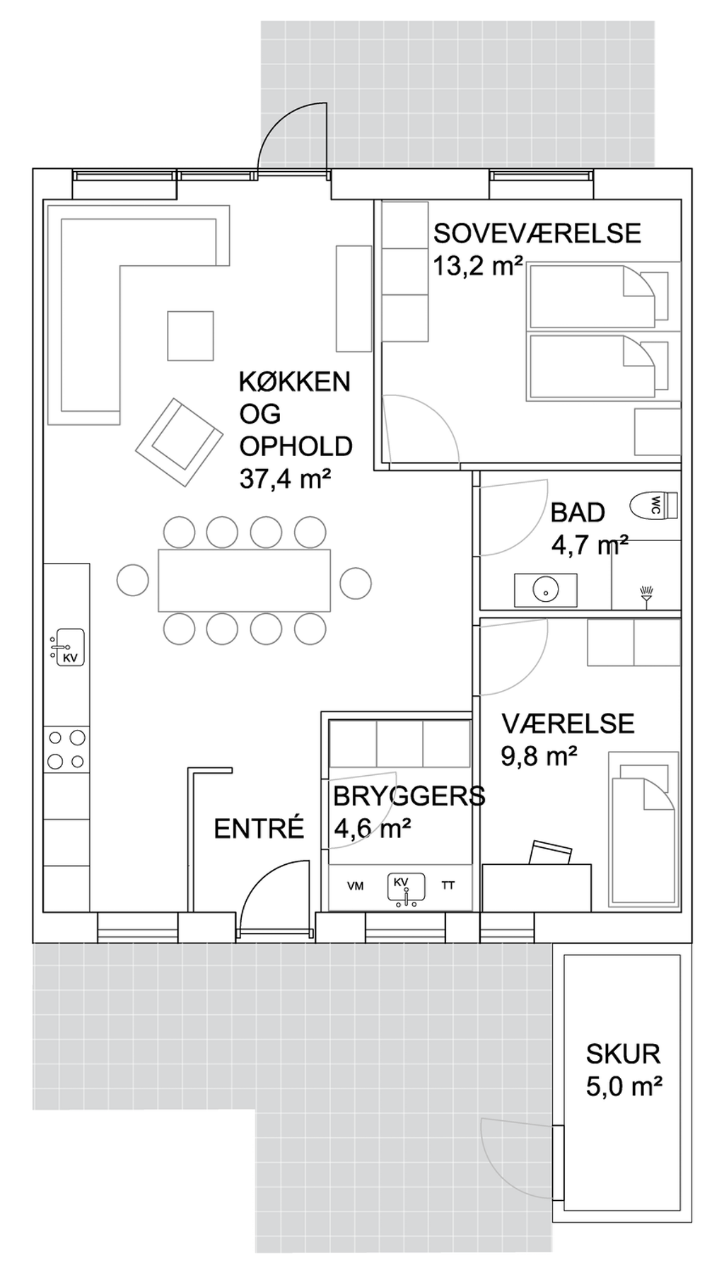 Plantegning for type B-bolig på 85 m²