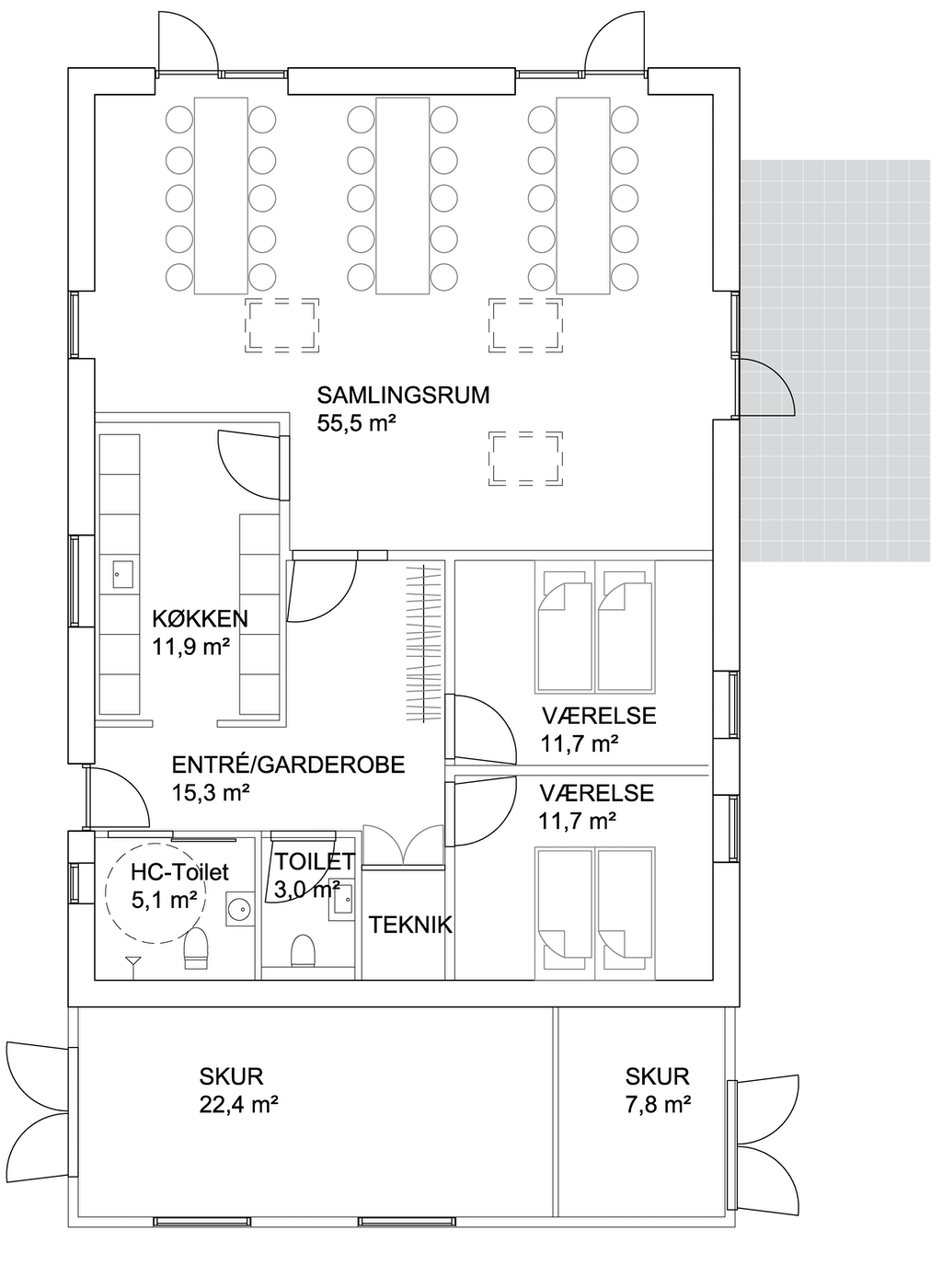 Plantegning over fælleshuset på 145 m²
